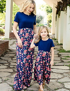 cheap -Mommy and Me Dress Floral Print Dusty Blue Maxi Short Sleeve Basic Matching Outfits / Summer