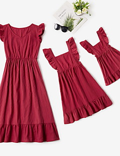 cheap -Mommy and Me Cotton Dresses Solid Color Ruffle Red Sleeveless Daily Matching Outfits / Summer / Print