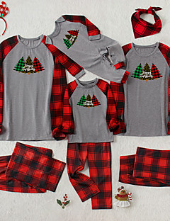 cheap -Family Look Christmas Pajamas Daily Plaid Christmas Tree Letter Patchwork White Black Gray Long Sleeve Adorable Matching Outfits / Fall / Winter / Print