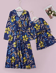 cheap -Mommy and Me Dresses Daily Floral Graphic Print Deep Blue Midi Long Sleeve Elegant Matching Outfits / Fall / Winter