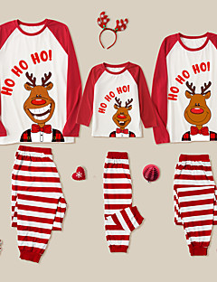 cheap -Family Look Pajamas Christmas Gifts Striped Deer Letter Patchwork Red Long Sleeve Daily Matching Outfits / Fall / Winter / Cute / Print