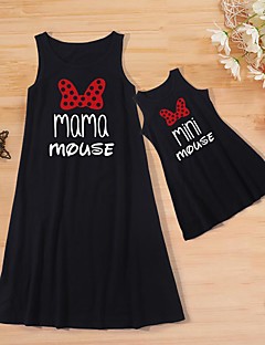 cheap -Mommy and Me Cotton Dresses Daily Cartoon Letter Print Black Knee-length Sleeveless Tank Dress Cute Matching Outfits / Summer / Long