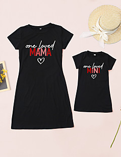 cheap -Mommy and Me Valentines Dresses Causal Heart Letter Print Black Knee-length Short Sleeve Daily Matching Outfits / Summer / Cute