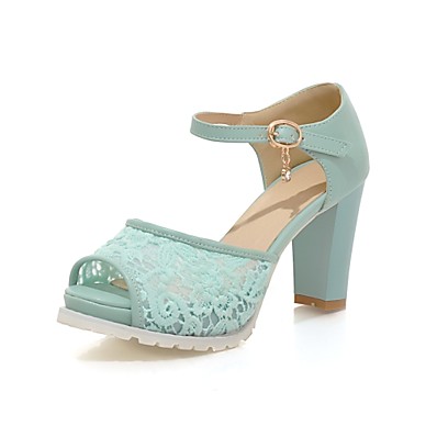 cheap Sandals-Women&#039;s Sandals Mesh Chunky Heel Peep Toe Mary Jane Wedding Party &amp; Evening Lace Leatherette Rhinestone Buckle Solid Colored Summer White Blue Pink