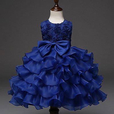 זול DJECA-שמלת מסיבות מתוקה פעילה לילדים בנות קשת קפלים בצבע אחיד ללא שרוולים שמלת פוליאסטר באורך הברך כחול רויאל