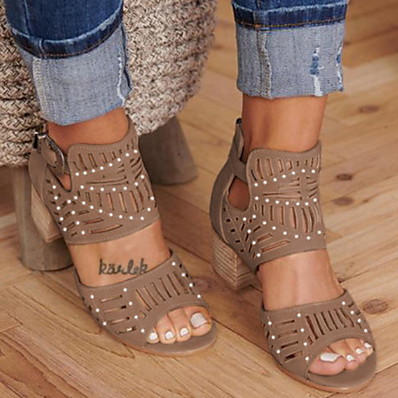 cheap Sandals-Women&#039;s Sandals Cowboy Western Boots Block Heel Round Toe Casual Vintage Daily PU Beading Solid Colored Summer Black Blue Khaki