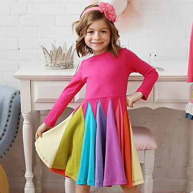 cheap Girls&#039; Dresses-Kids Little Girls&#039; Dress Rainbow Striped Color Block Fuchsia Gray Black Knee-length Lace Cotton Long Sleeve Floral Cute Dresses Regular Fit