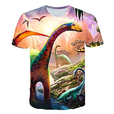 billige Drengetøj-Børn Baby Drenge T-shirt Dinosaurus Fantastiske Dyr Kortærmet Grafisk 3D Dyr Crewneck Trykt mønster Blå Gul Grøn Børn Toppe Aktiv Sej 2-12 år