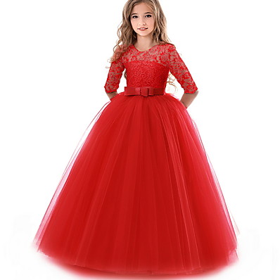hesapli Kız Çocuk Kıyafetleri-Çocuklar Küçük Elbise Genç Kız Solid Çiçek Parti Düğün Doğum Dünü Salıncak Elbise Mor Doğal Pembe Şarap Zarif Prenses Elbiseler / Dantelalar / Tül