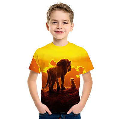 baratos Roupas de Meninos-Infantil Para Meninos Camisa Camiseta Manga Curta Leão 3D Animal Estampado Amarelo Crianças Blusas Verão Activo Moda de Rua