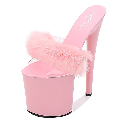 cheap Sandals-Women&#039;s Sandals Furry Feather Stiletto Heel Round Toe Classic Party &amp; Evening PU Feather Solid Colored Summer White Black Red