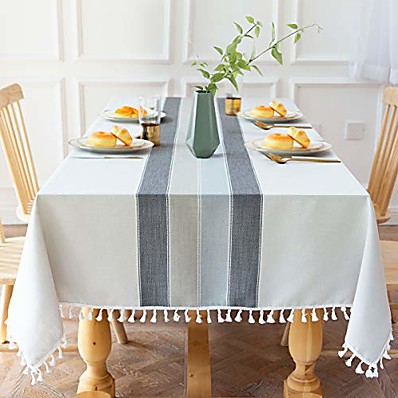 cheap Kitchen &amp; Dining-Tablecloth Stitching Tassel Cotton Linen Tablecloth Wrinkle Free Dust-proof Table Cover for Kitchen Dining Room Home Tabletop Decoration Rectangle