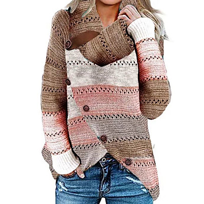 저렴한 니트 상의-여성용 스웨터 풀오버 점퍼 컬러 블럭 니트 단추 세련 베이직 캐쥬얼 긴 소매 루즈핏 스웨터 가디건 가을 겨울 크루넥 레인보우 / 홀리데이 / 데이트