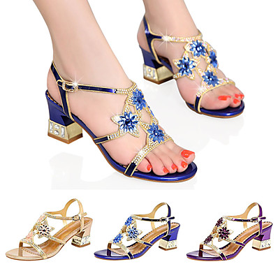 cheap Sandals-Women&#039;s Sandals Glitter Crystal Sequined Jeweled Plus Size Flare Heel Open Toe Casual Daily Party &amp; Evening PU Rhinestone Floral Summer Purple Blue Gold