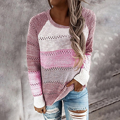 저렴한 니트 상의-여성용 스웨터 풀오버 점퍼 컬러 블럭 할로우 아웃 세련 베이직 캐쥬얼 긴 소매 보통 스웨터 가디건 가을 겨울 크루넥 클로버 블러슁 핑크 퓨샤