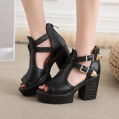 cheap Sandals-Women&#039;s Sandals Chunky Heel Peep Toe Classic Preppy Roman Shoes Daily Office &amp; Career PU Solid Colored White Black Pink