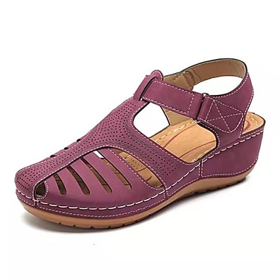 cheap Sandals-Women&#039;s Sandals Wedge Heel Open Toe Minimalism Daily Walking Shoes Faux Leather Black Red Light Purple