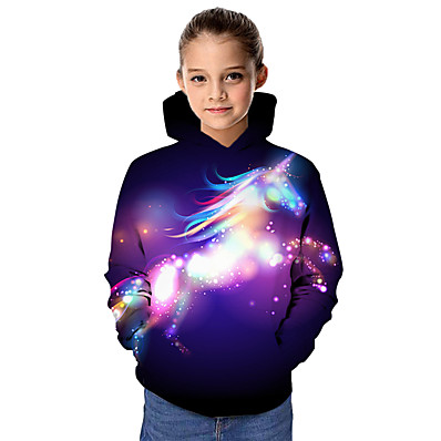 hesapli Kız Çocuk Kıyafetleri-Çocuklar Genç Kız Kapşonlu ve Svetşört At Uzun Kollu 3D Baskı Grafik Yıldızlı gökyüzü Hayvan Desen Gökküşağı Çocuk Üstler Actif Fantezi Okul 3-12 Yıl