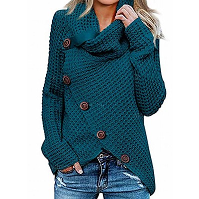 저렴한 니트 상의-여성용 스웨터 한 색상 니트 단추 캐쥬얼 긴 소매 보통 스웨터 가디건 가을 겨울 터틀넥 다크 옐로우 클로버 화이트