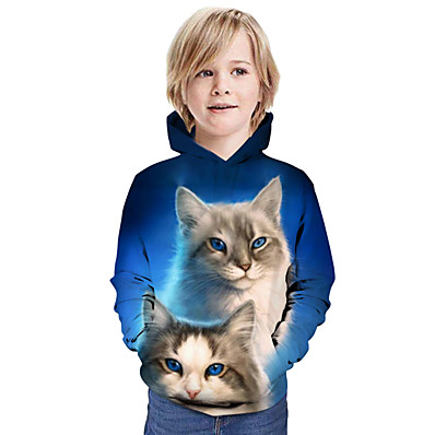 povoljno Odjeća za dječake-Djeca Dječaci Trenirka s kapuljačom Dugih rukava Plava Mačka Ispis Mačka Grafika 3D Životinja Aktivan
