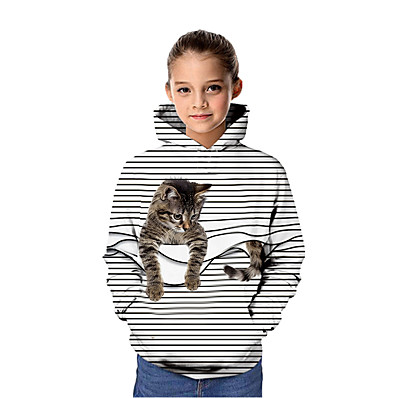 cheap Girls&#039; Clothing-Kids Girls&#039; Hoodie &amp; Sweatshirt Long Sleeve Cat Graphic 3D Animal Print White Purple Red Children Tops Active