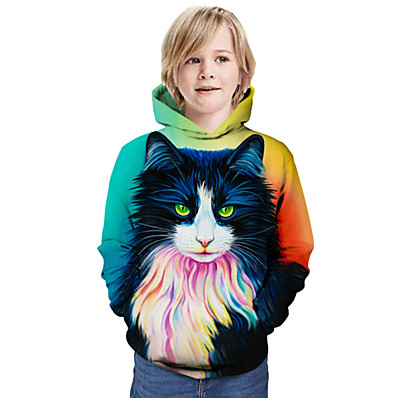 رخيصةأون ملابس الأولاد-أطفال للصبيان كنزة بقبعة كم طويل التقزح اللوني قطة طباعة قطة الرسم 3D حيوان نشيط