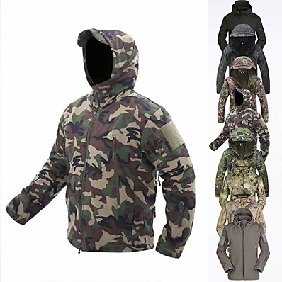 cheap Hunting &amp; Nature-Men&#039;s Hooded Hoodie Jacket Hunting Fleece Jacket Outdoor Fall Winter Spring Waterproof Fleece Lining Wearproof Thick Jacket Camo Polyester Camping / Hiking Hunting Training Camouflage Blue Green