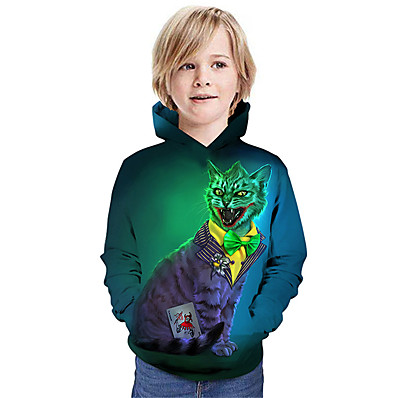 رخيصةأون ملابس الأولاد-أطفال للصبيان كنزة بقبعة كم طويل أخضر قطة طباعة قطة الرسم 3D حيوان نشيط
