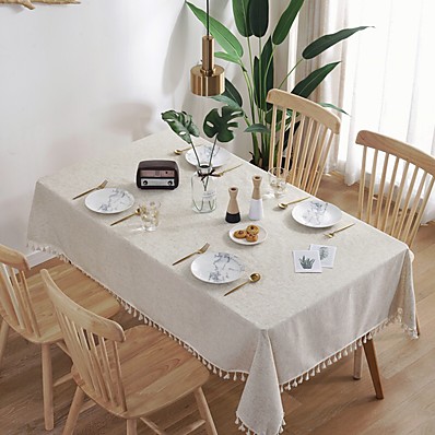 cheap Kitchen &amp; Dining-Tablecloth Art Nordic Bamboo Knotted Linen with Tassel Tablecloth Tea Coffee Table for Dining Table Home Room Decoration