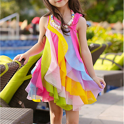 hesapli ÇOCUK-çocuklar küçük kızların elbisesi gökkuşağı dalgalar renkli sundress tatil katmanlı tek omuz fuşya asimetrik kolsuz sevimli tatlı boho elbiseler yaz normal kesim