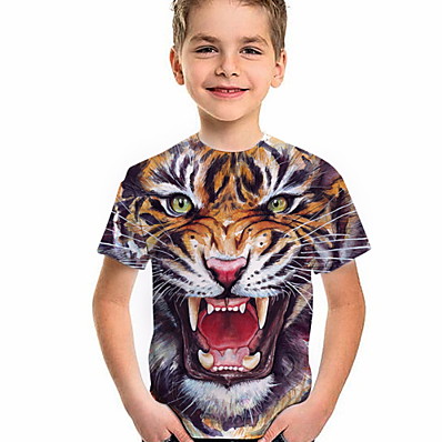 billige Drengetøj-Børn Drenge T-shirt Kortærmet Tiger Dyr 3D-udskrivning Brun Børn Toppe Sommer Aktiv Gade Sej Dagligdagstøj Regulær 3-12 år
