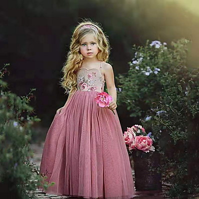 hesapli Kız Çocuk Kıyafetleri-Çocuklar Küçük Genç Kız Elbise Çiçekli Tutu Elbise Örümcek Ağı Desen Doğal Pembe Maksi Kolsuz Temel Bale Eteği ve Etekler Elbiseler Yaz Normal 3-10 Yıl