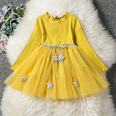 זול DJECA-ילדים קטן שמלה בנות אחיד דפוס צהוב ורוד מסמיק כחול נייבי עד הברך שרוול ארוך שמלות קיץ רגיל