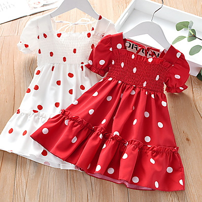 cheap Girls&#039; Clothing-Kids Little Dress Girls&#039; Paisley Print Red White Midi Chiffon Short Sleeve Active Dresses Summer Regular Fit 2-9 Years