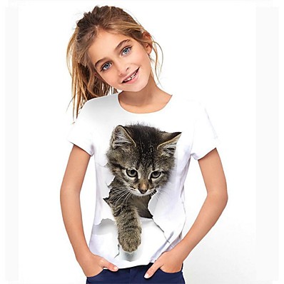halpa LAPSET-Lapset Tyttöjen T-paita Kissa Lyhythihainen Kuvitettu Eläin Sateenkaari Lapset Topit Aktiivinen söpö tyyli 3-12 vuotta