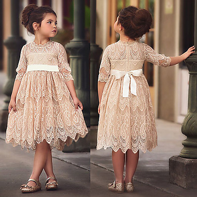 hesapli Kız Çocuk Kıyafetleri-Çocuklar için Küçük Genç Kız Elbise Tek Renk Zıt Renkli Oyuklu Dantel Beyaz YAKUT Altın Diz üstü Yarım Kol Günlük / Sade Elbiseler 2-8 Yıl