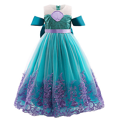 cheap Girls&#039; Clothing-Kids Little Girls&#039; Dress Floral The Little Mermaid Party Festival Tulle Dress Embroidered Mesh Bow Purple Green Midi Mesh Satin Cotton Sleeveless Princess Sweet Dresses Summer Regular Fit 3-10 Years