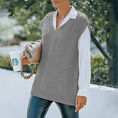 ieftine Bluze din Tricot-Pentru femei Vestă Culoare solidă Stil Clasic De Bază Casual Fără manșon Pulovere Cardigan Toamnă Iarnă În V Gri argintiu Alb original Broderie ușoară / Concediu