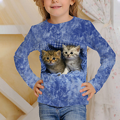 저렴한 남아 의류-아동 남아 여아 T 셔츠 티셔츠 긴 소매 푸른 그레이 3D 인쇄 고양이 프린트 동물 학교 일상복 활동적 4-12 세 / 가을