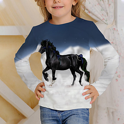 billige Drengetøj-Børn Drenge Pige T-shirt Langærmet Hvid Navyblå 3D-udskrivning Hest Trykt mønster Dyr Dagligdagstøj Aktiv 4-12 år