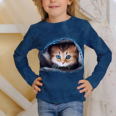 저렴한 남아 의류-아동 남아 여아 T 셔츠 긴 소매 푸른 네이비 블루 3D 인쇄 고양이 프린트 동물 일상복 활동적 어린이