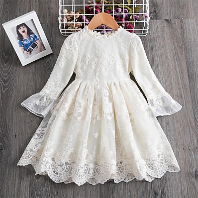 cheap Girls&#039; Clothing-Kids Little Girls&#039; Dress Solid Colored Lace White Blue Knee-length Long Sleeve Active Cute Dresses