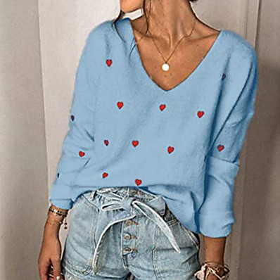 저렴한 니트 상의-여성용 풀오버 스웨터 사랑 캐쥬얼 긴 소매 스웨터 가디건 V 넥 푸른 클로버 화이트