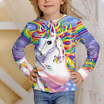 cheap Girls&#039; Clothing-Kids Girls&#039; T shirt Long Sleeve Unicorn 3D Print Animal Print Purple Children Tops Fall Active Basic School Casual Sports Back to School Regular Fit 4-12 Years