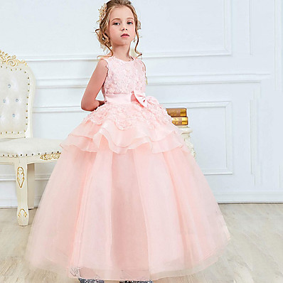 hesapli Kız Çocuk Kıyafetleri-Çocuklar Küçük Elbise Genç Kız Tek Renk Fiyonk Balo Düğün Partisi Nakış Çoklu Katman Fırfırlı Doğal Pembe Fuşya Yonca Maksi Kolsuz Balo Prenses Elbiseler Sonbahar Bahar 4-13 Yıl / Yaz