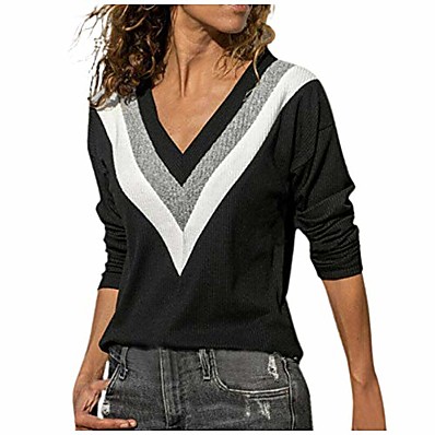 저렴한 니트 상의-여성용 풀오버 스웨터 스트라이프 캐쥬얼 긴 소매 보통 스웨터 가디건 봄 여름 V 넥 푸른 클로버 블랙
