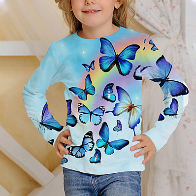 halpa Poikien vaatteet-Lapset Tyttöjen T-paita Pitkähihainen Sateenkaari Perhonen 3D-tulostus Vaalean sininen Lapset Topit Aktiivinen Syksy Normaali 4-12 vuotta