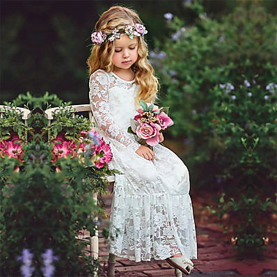 cheap Girls&#039; Clothing-Kids Girls&#039; Sweet Boho Party White Jacquard Lace Flower Long Sleeve Maxi Dress White
