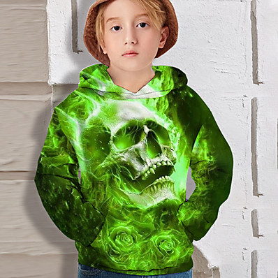 billige Drengetøj-Børn Drenge Hattetrøje Langærmet Dødningehoveder 3D-udskrivning Grøn Børn Toppe Aktiv Efterår Regulær 4-12 år
