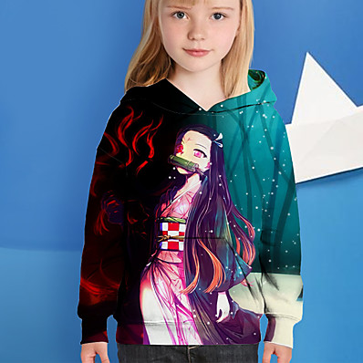 povoljno Odjeća za djevojčice-Djeca Djevojčice Hoodie Dugih rukava Crn 3D ispis Crtani film Anime Škola Dnevno Vanjski Aktivan Dnevno Slatka Style 4-12 godina / Jesen